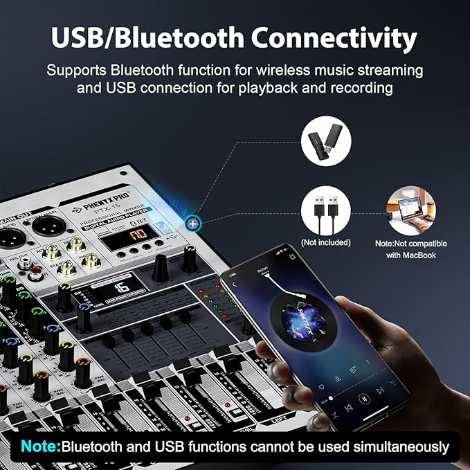 خلاط DJ احترافي، خلاط صوت Phenyx Pro مع واجهة صوت USB، خلاط صوت لوحة صوت 4 قنوات مع معادل ستيريو، 16 تأثير DSP، مثالي للمرحلة، العربات المباشرة، والكاريوكي (PTX -15)