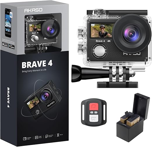 AKASO Brave 4 4K30fps 20MP WiFi Action Camera with EIS Ultra Hd 131ft Waterproof Underwater Camera with Remote Control 5X Zoom 2 Batteries and Accessories Kit