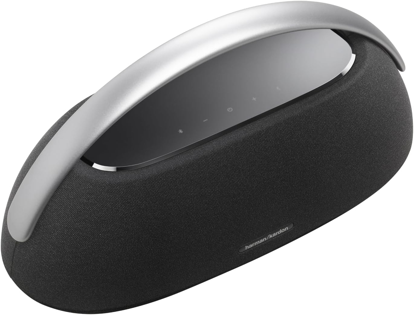 Harman Kardon Go + Play 3 - مكبر صوت محمول يعمل بالبلوتوث مع صوت فائق ووقت تشغيل 8 ساعات، وشحن USB، وضبط ذاتي تلقائي، وميكروفونات مزدوجة بعيدة المجال، مصنوعة جزئيًا من مواد معاد تدويرها (أسود)