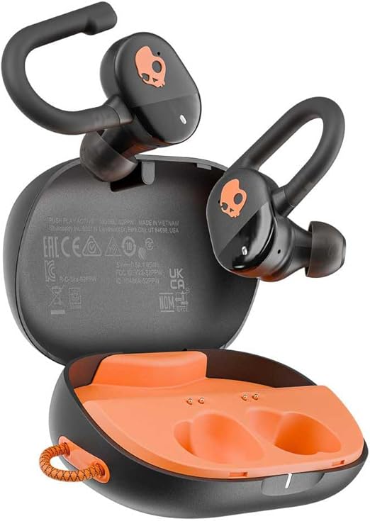 Skullcandy Push Play سماعات أذن لاسلكية نشطة في الأذن، بطارية 34 ساعة، وضع البقاء على دراية، ميكروفون، يعمل مع أجهزة iPhone Android و Bluetooth - أسود/برتقالي حقيقي