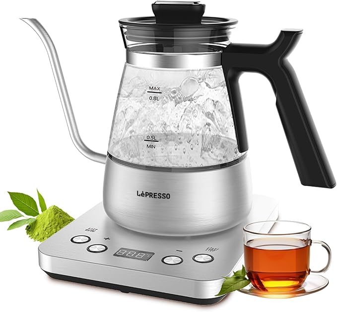 غلاية كهربائية LePresso BrewWave معقوفة، 0.8 لتر زجاج وفولاذ مقاوم للصدأ صب فوق غلاية، تحكم رقمي في درجة الحرارة (50-100 درجة مئوية)، تسخين سريع 1300 واط، مؤقت 1H -6H وميزة الحفاظ على الدفء لمدة 60 دقيقة - فضي