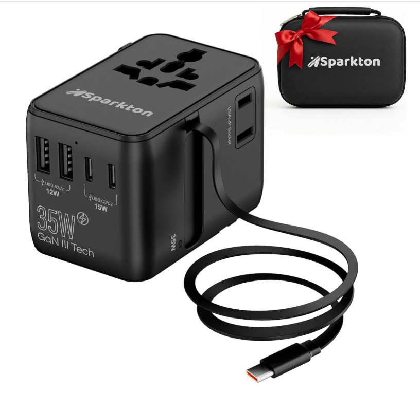 Generic Universal Travel Adapter Fast Charger, 2 USB-C + 1 USB-A with Type-C Cable, Worldwide Travel Adapter for UK/EU/US/AU, International Travel Charger for Phones, Laptop & Devices.