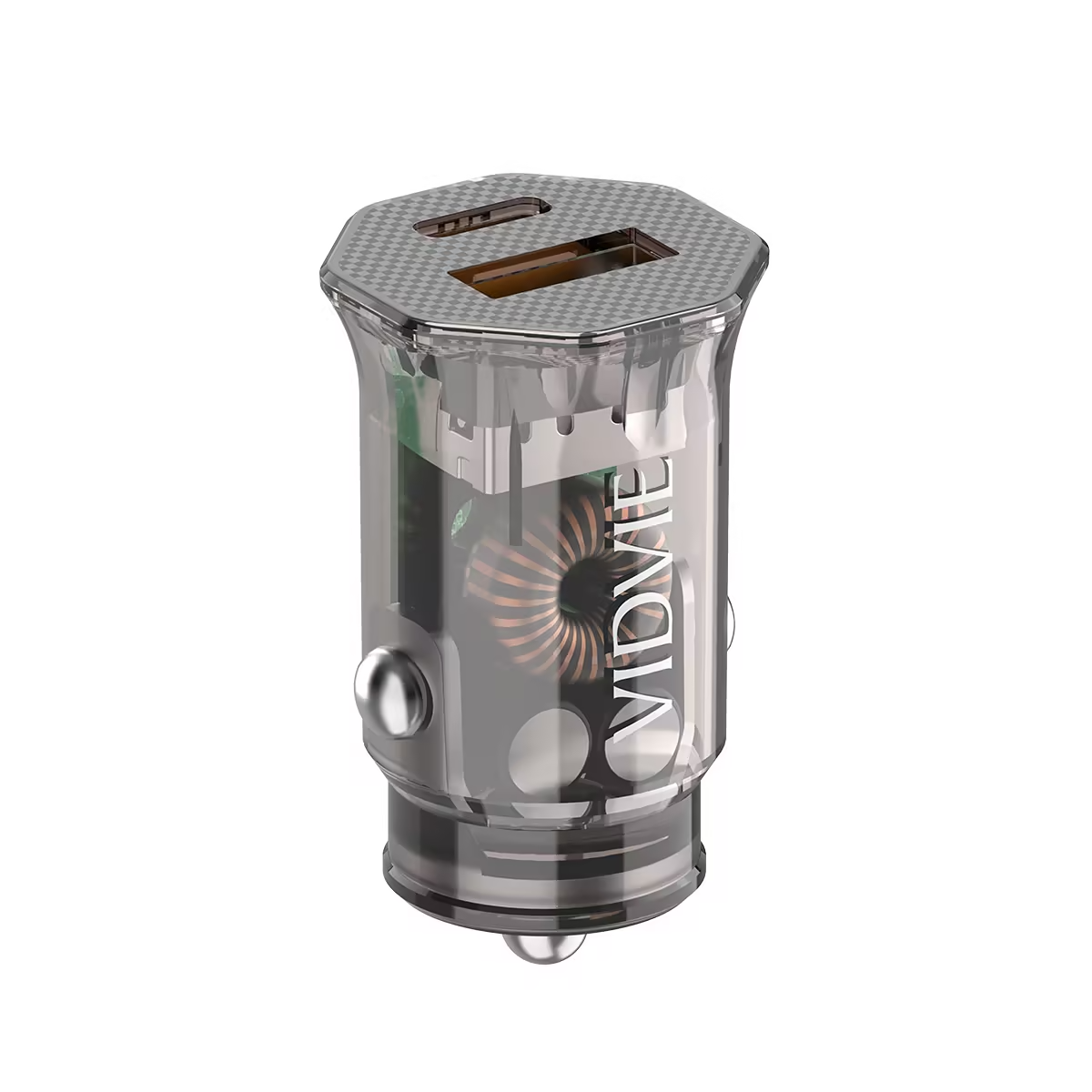 VIDVIE CC549 30W Transparent Dual-Port Fast Car Charger with USB-C PD & USB-A