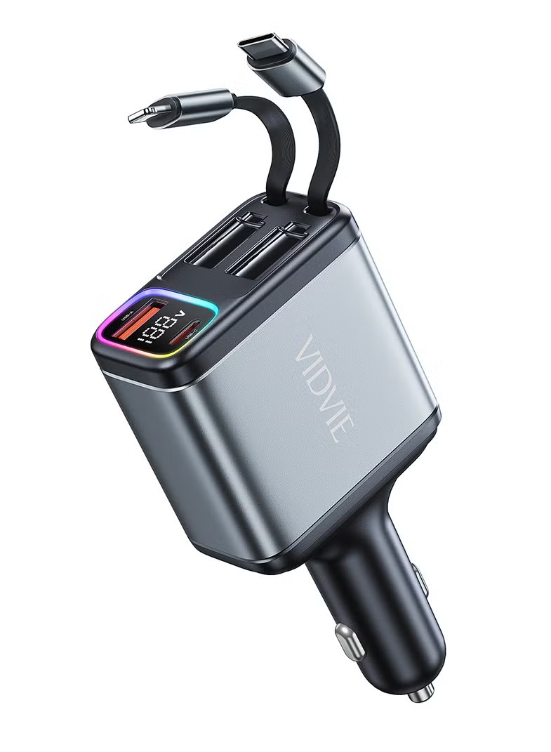 VIDVIE CC539 4-in-1 60W Fast Car Charger with Dual Retractable Cables