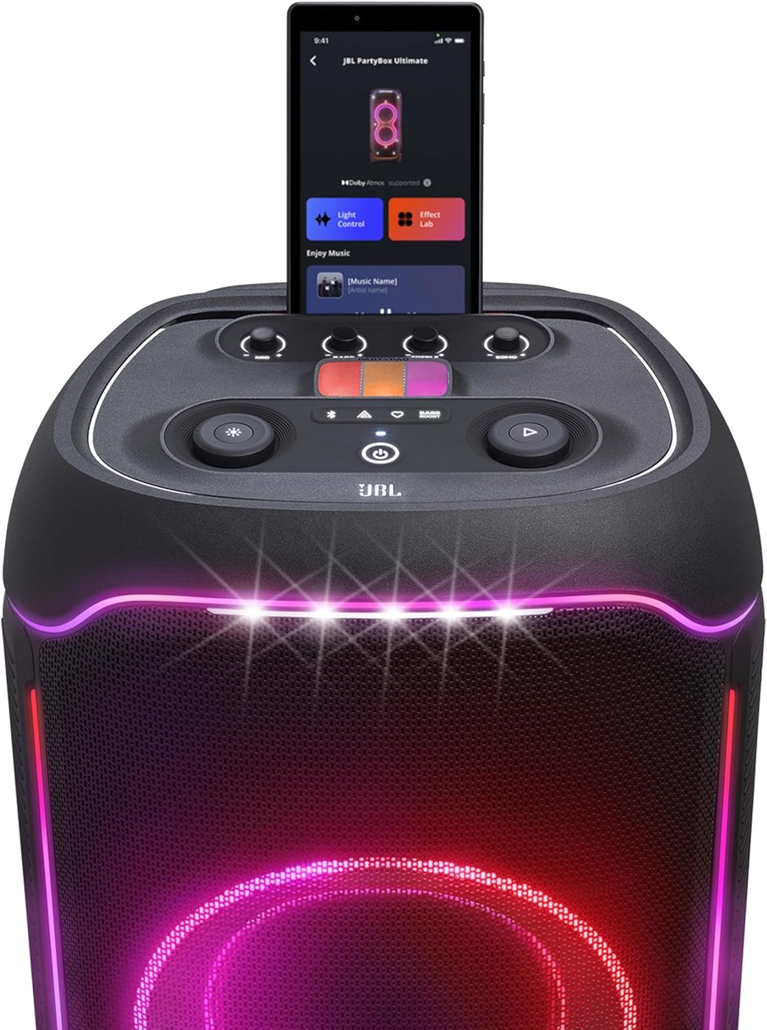 مكبر صوت JBL Partybox Ultimate Massive للحفلات مع صوت قوي وأضواء متعددة الأبعاد وتصميم مقاوم للرذاذ.