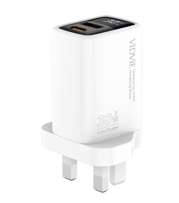 شاحن حائط فيدفي PLB177 بتقنية GaN سريع بقدرة 30 واط مع شاشة LED لعرض الطاقة بمنفذي USB-C وUSB-A - أبيض