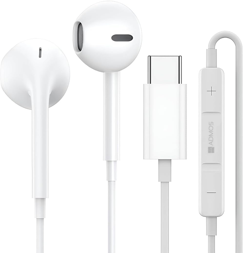 ADMOS ADHF894 Type-C Wired Earphones White with Mic, 10mm Drivers, DAC Chip, 1.2M TPE Cable, Noise Isolation, for Smartphones/Tablets/Laptops