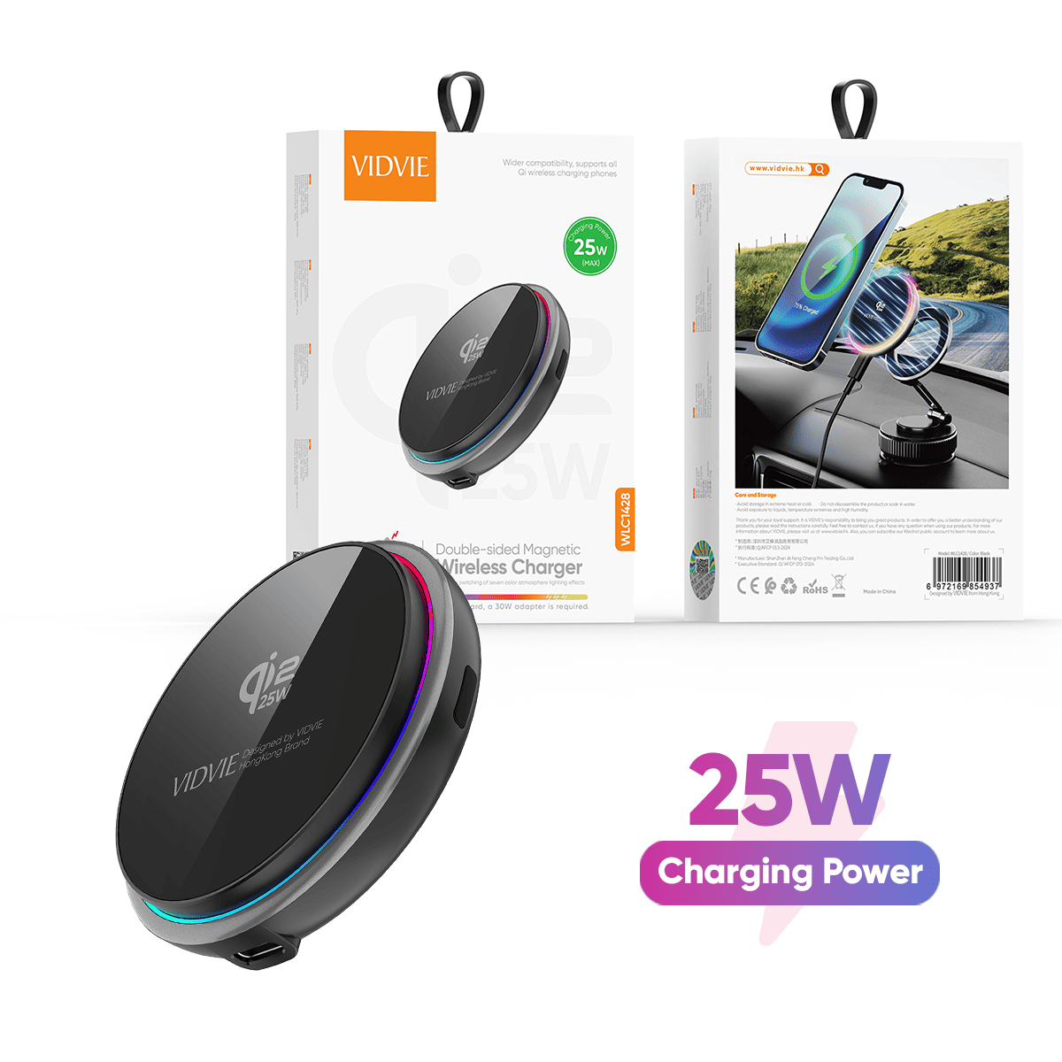 Wall Charger  WLC1428  Qi2 25W Double-Sided Magnetic Wireless Charger With Atmosphere Light