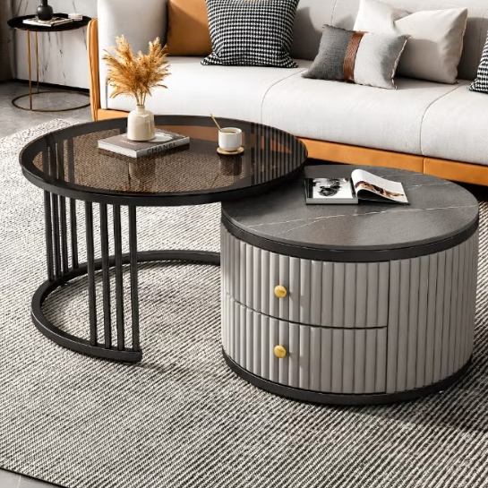 ABX HOME 2-Piece Modern Wooden Coffee Table Set – Minimalist Round Center Tables with 2 Drawer Storage Divider for Living Room, Bedroom, Office | Premium Wood Material
