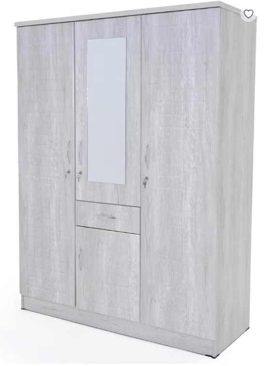 3 door wardrobe with one drawer and storage and also one hanging side with 8 shelves | Lockable door (With Installation)