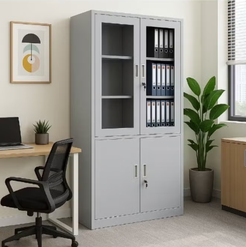 ABX HOME Steel Office Cabinet with Lock – 2 Door Wardrobe Cabinet for Clothes & Files – Grey Powder Coated Metal Storage Cabinet with Adjustable Shelves and Transparent mirror door Home Office or Workspace