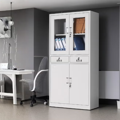 ABX HOME Steel Office Cabinet with Lock – 2 Door Wardrobe Cabinet for Clothes & Files – Grey Powder Coated Metal Storage Cabinet with Adjustable Shelves and 2 Drawers and Transparent mirror door Home Office or Workspace