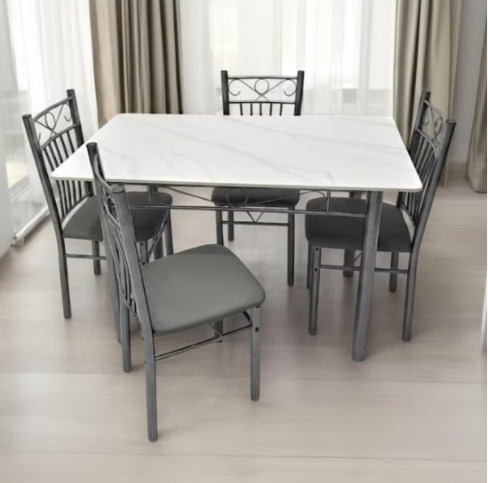 Dining Table 4 seater Rectangular Dining Set | Sturdy Kitchen Marbel Top Table with Fabric Chairs | Dining set 1+4 Seater for Home,Hotel and Dining Room (1+4/White)