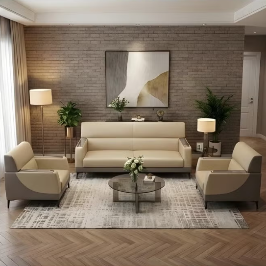 EUREKA 3+1+1 Sofa Set – 5-Seater Faux Leather Sofa for Living Room & Office | Modern Office Sofa Set (Beige-Grey)