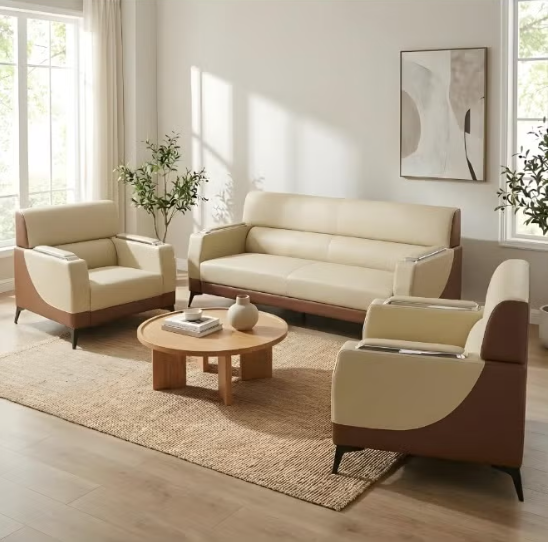 EUREKA 3+1+1 Sofa Set – 5-Seater Faux Leather Sofa for Living Room & Office | Modern Office Sofa Set (Beige-Coffee)