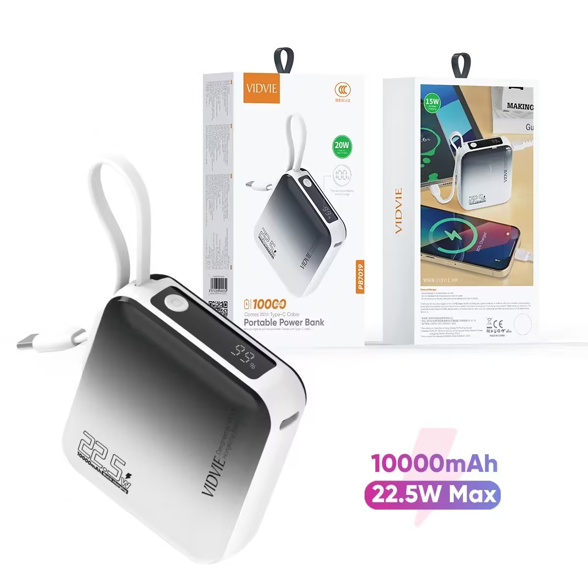 VIDVIE PB7019 10000mAh 22.5W Power Bank with Built-in Type-C Cable