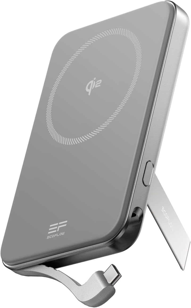 EF ECOFLOW Rapid Power Bank 5000mAh Qi2 Certified Wireless Magnetic Portable Charger, 30W Max Fast Charging Battery Pack with Built-in USB-C Cable & Stand for iPhone16/15/14/13/12 (Rapid 5000 Sliver)
