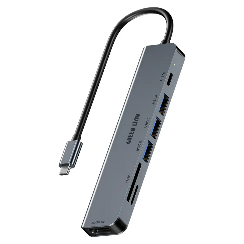 لوحة وصل 7 في 1 USB - C من Green Lion مع 4K HDMI وشحن PD 87 واط وقارئ بطاقات SD/TF و USB 3.0 - رمادي