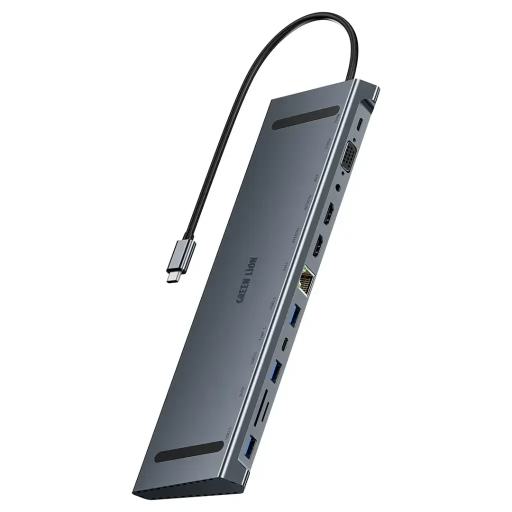 موزع Green Lion بمنفذ USB-C و12 منفذاً (يشمل منفذي HDMI بدقة 4K، ومنفذ VGA، ومنفذ Ethernet، وتقنية الشحن السريع PD بقوة 100 واط، وقارئ بطاقات SD/TF) - لون رمادي