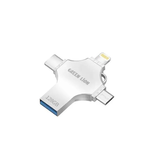 محرك أقراص فلاش USB "جرين ليون" (Green Lion) 4 في 1 بسعة 128 جيجابايت – فضي | يدعم منافذ USB-A وUSB-C وLightning وMicro USB