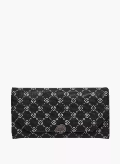 Sasha Sam Monogram Print Tri-Fold Wallet with Button Closure - Black