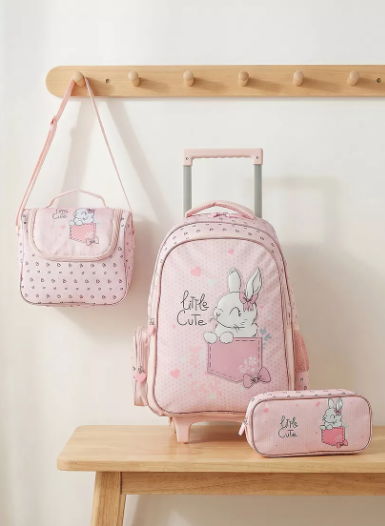 Juniors Rabbit Print 3-Piece School Trolley Bag Set for Girls 5-8 Years with Lunch Bag - 16 inches
