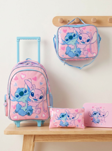 Disney Stitch Print 5-Piece School Trolley Bag Set for Girls 5-8 Years with Lunch Bag - 16 inches