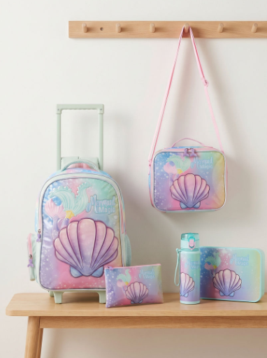 Juniors Mermaid Print 5-Piece School Trolley Bag Set for Girls 5-8 Years with Lunch Bag - 16 inches