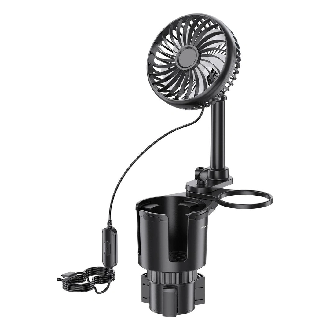 مروحة وحامل أكواب "Green Lion Drive Fan Dew" (2 في 1) للسيارة – لون أسود | مروحة سيارة قابلة للتعديل بزاوية 360 درجة وتعمل عبر منفذ USB
