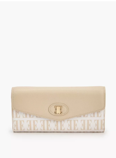 Elle Monogram Print Wallet with Snap Button Closure - Cream