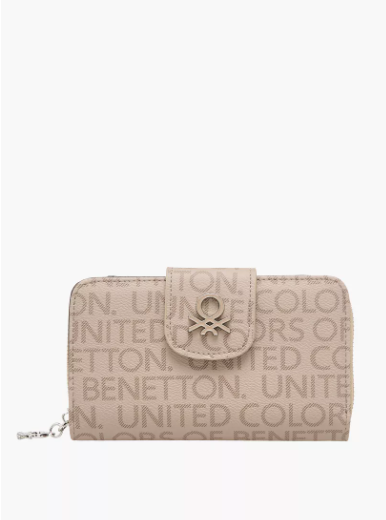 United Colors of Benetton Monogram Print Wallet with Zip Closure - Cream