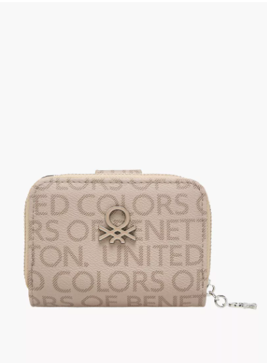 United Colors of Benetton Monogram Print Wallet with Zip Closure - Beige