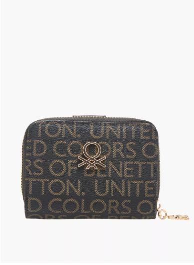 United Colors of Benetton Monogram Print Wallet with Zip Closure - Black