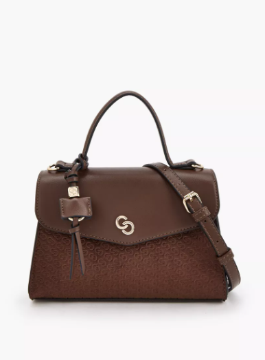 Celeste Monogram Embossed Satchel Bag with Detachable Strap - Brown
