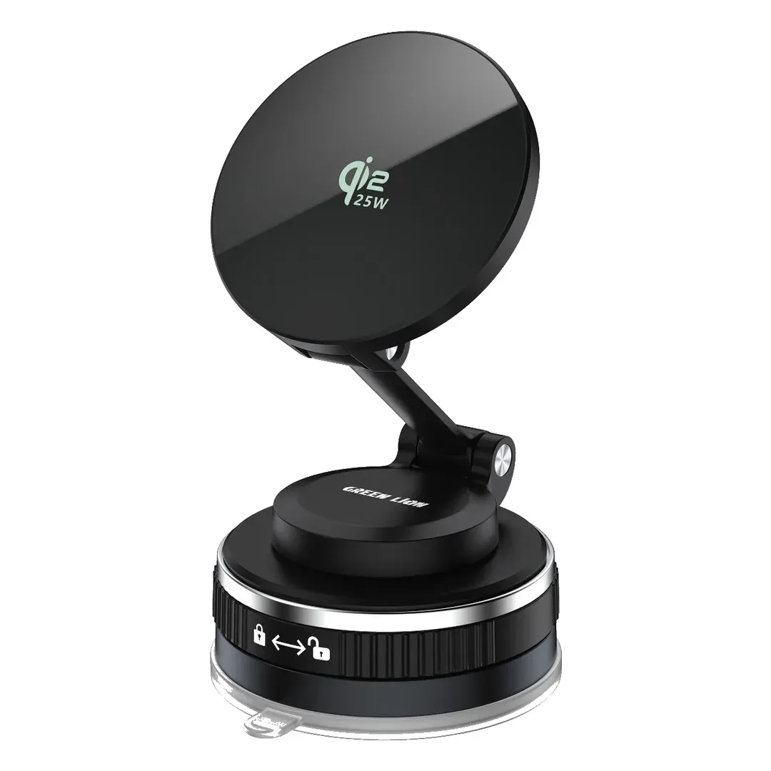 شاحن سيارة وحامل هاتف Green Lion MAG VOLT – أسود | حامل سيارة مغناطيسي لاسلكي MagSafe بقوة 25 واط ومعيار Qi2.2