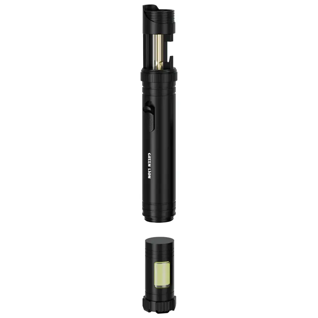 Green Lion Jet Lighter X LED Torch & Flame, Refillable Butane Torch Lighter with LED Light, Bottle Opener & Emergency Glass Breaker – Black