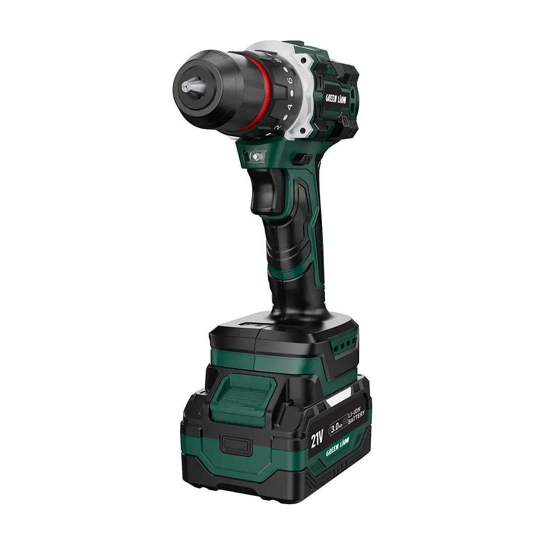 مثقاب مطرقي لاسلكي Green Lion GD-12 Edge Pro، مثقاب ومفك براغي بمحرك عديم الفرشاة (Brushless) وجهد 21 فولت، مزود ببطاريتين ليثيوم-أيون (3.0 أمبير-ساعة)، وعزم دوران 45 نيوتن-متر، ونظام قابض (Clutch) بإعدادات 20+1+1.