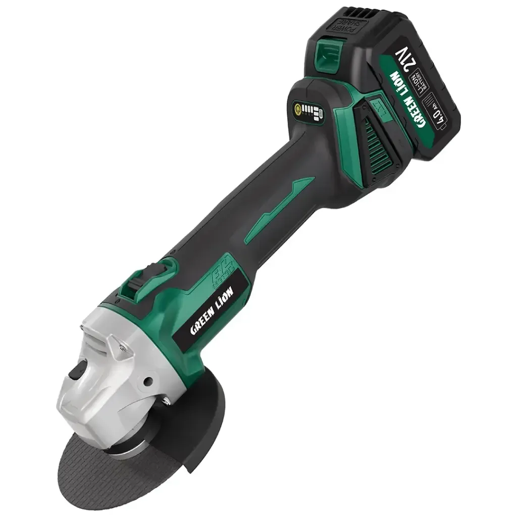 جلاخة زاوية لاسلكية Green Lion GAG-900، بقوة 900 واط ومحرك بدون فرش، مع بطاريتين (21 فولت، 4.0 أمبير-ساعة)، وسرعة 12000 دورة في الدقيقة، وقرص مقاس 125 مم – لون أخضر