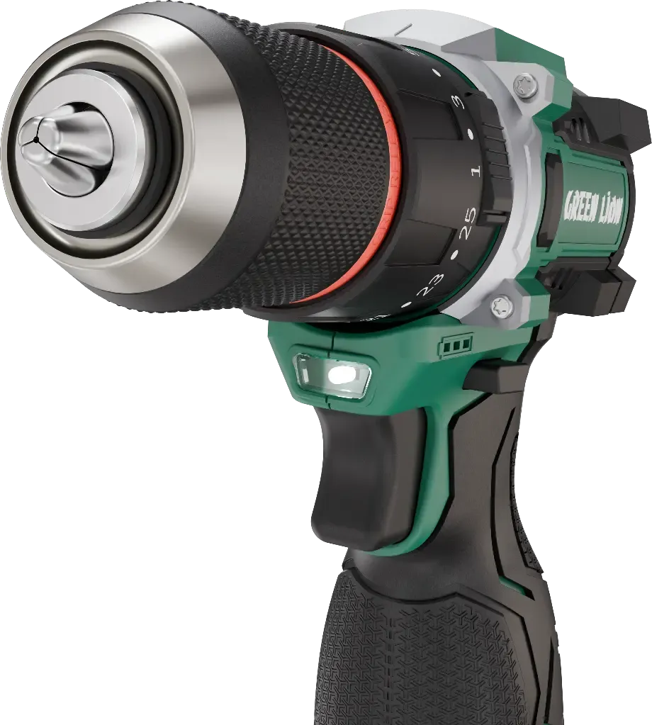 مثقاب مطرقي لاسلكي Green Lion GD-15 Pro Drive، مثقاب ومفك براغي بجهد 18 فولت ومحرك بدون فرش (Brushless)، مزود ببطاريتين (3.0 أمبير-ساعة)، عزم دوران 55 نيوتن-متر، ونظام قابض (Clutch) بإعدادات 25+1 – لون أخضر.