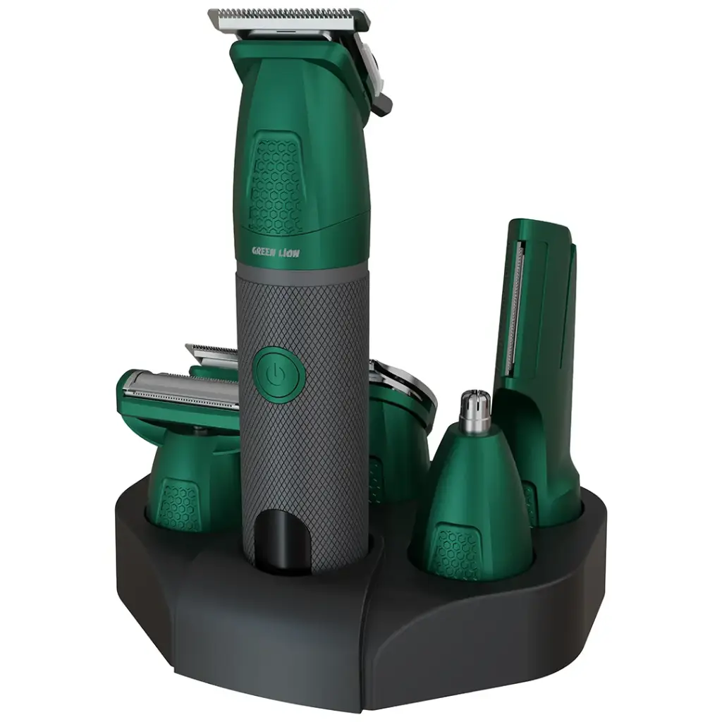 مجموعة العناية والجمال Green Lion Style Pro (6 في 1)، أداة تشذيب متعددة الوظائف مزودة ببطارية سعة 1200 مللي أمبير، وشحن عبر منفذ USB-C، ومقاومة للماء بمعيار IPX6 – لون أخضر.