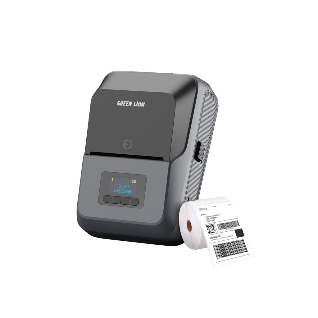 Green Lion Thermal Printer, Portable Bluetooth Label Printer with 203 DPI, 1500mAh Rechargeable Battery, TFT Display, 57mm Paper Support – Gray