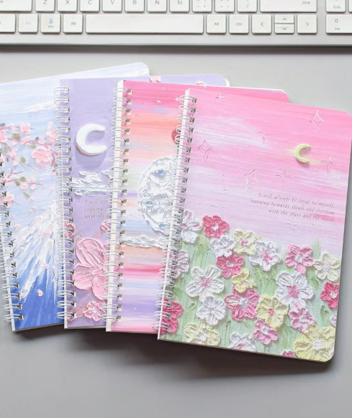Generic 4-Pack A5 Spiral Notebooks – 60 Sheets / 120 Pages Each, Thick Lined Paper, Durable 360° Binding, Oil Painting-Inspired Covers with Starry Sea & Spring Peach Styles – Vintage Aesthetic Journals for School, Office, or Gift Use