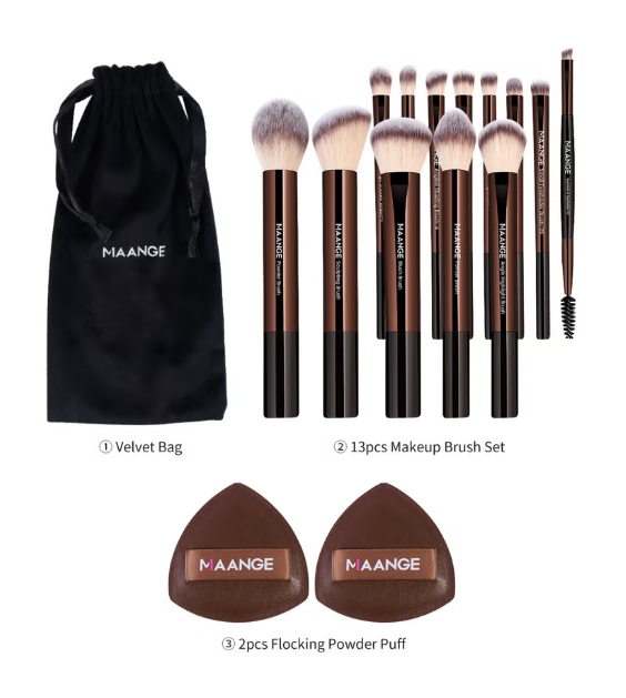 Maange 16Pcs Makeup Tool Set, Professional Makeup Brush Sets- Including Blush Brush, Contour Brush, Foundation Brush, Concealer Brush, Eye Shadow Brush, Powder Puff and Cloth Bags (Brown)
