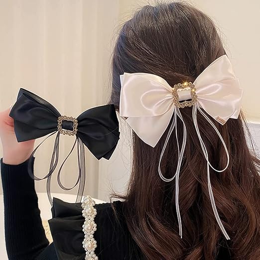 SYOSI Large Bow Hair Clip Rhinestone Hair Barrette Strong Hold Bowknot Hair Clip Long Ribbon Hair Bow Vintage Hair Accessories for Women Girls（White & Black）