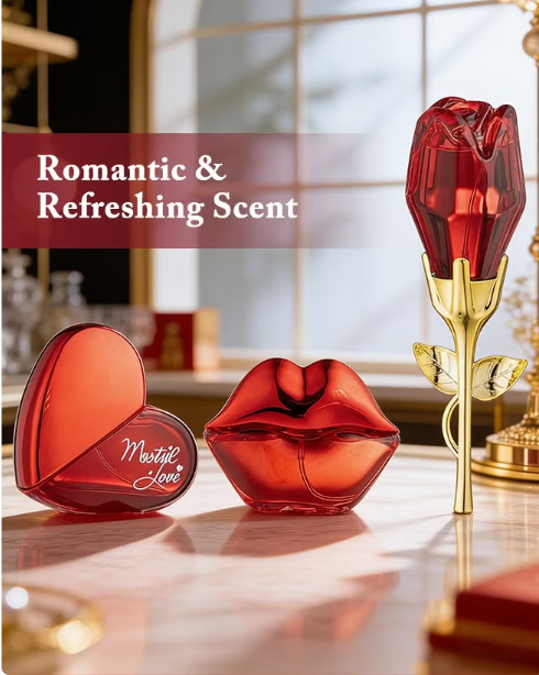 Mark Him 4-Piece Romantic Rose & Heart Perfume Gift Set for Women, Luxury Floral Fragrance Kit with Rose-Shaped Bottle, Heart & Lip-Shaped Perfumes, Stick, Elegant Eau de Parfum for Valentine’s Day, Anniversary