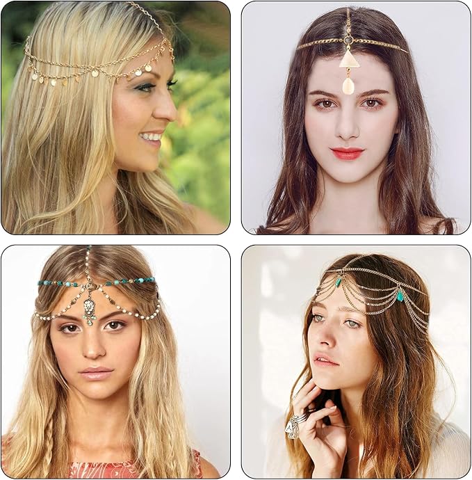 SYOSI 12 Pcs Gold Head Chain, Jewelry Bohemian Bridal Headpiece Boho Headband, Coin Leaves Tassel Chain Head Hair Band Accessories for Women Girls Wedding Halloween Festival Prom Party