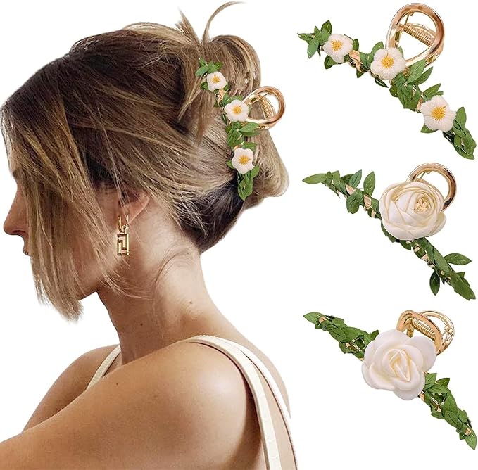 SYOSI Hair Clips Claw Flower for Women, 3Pcs Large Butterfly Non-Slip Strong Metal Camellia Hair Clips Sweet Retro Leaves And Flowers Hold Hair Jaw Clips Cute Hair Claws Big Butterfly Clips
