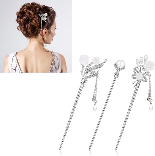 SYOSI 3 Pieces Chinese Hair Stick Japanese Hairpin Hair Chopsticks for Women Pearl Rhinestone Flower Hair Accessories Vintage Tassel Handmade Jewelry for Girls (Traditional Style)