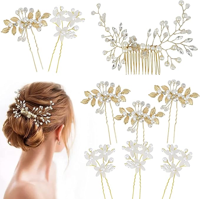 SYOSI Wedding Pearl Hair Pins - Bridal Leaf Head Piece, Flower Accessories, Clips, Comb, Side Comb for Women and Girls, 9 Pieces