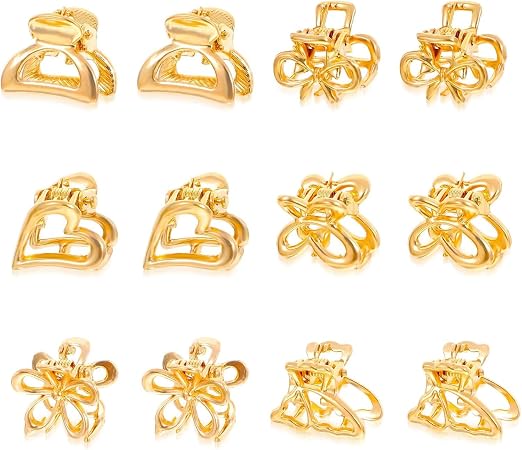 SYOSI Mini Hair Claw Clips Set, Metal Flower Butterfly Design, Small Non Slip Barrettes for Thin Hair Bangs Styling Accessories for Women Girls Daily Party Wedding Photo, Gold 12 Pcs